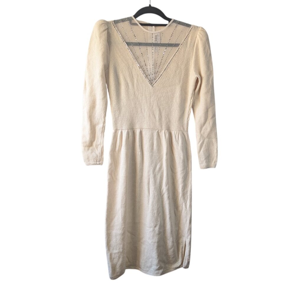St. John Vintage Crystal Cream Knit Long Sleeve Dress